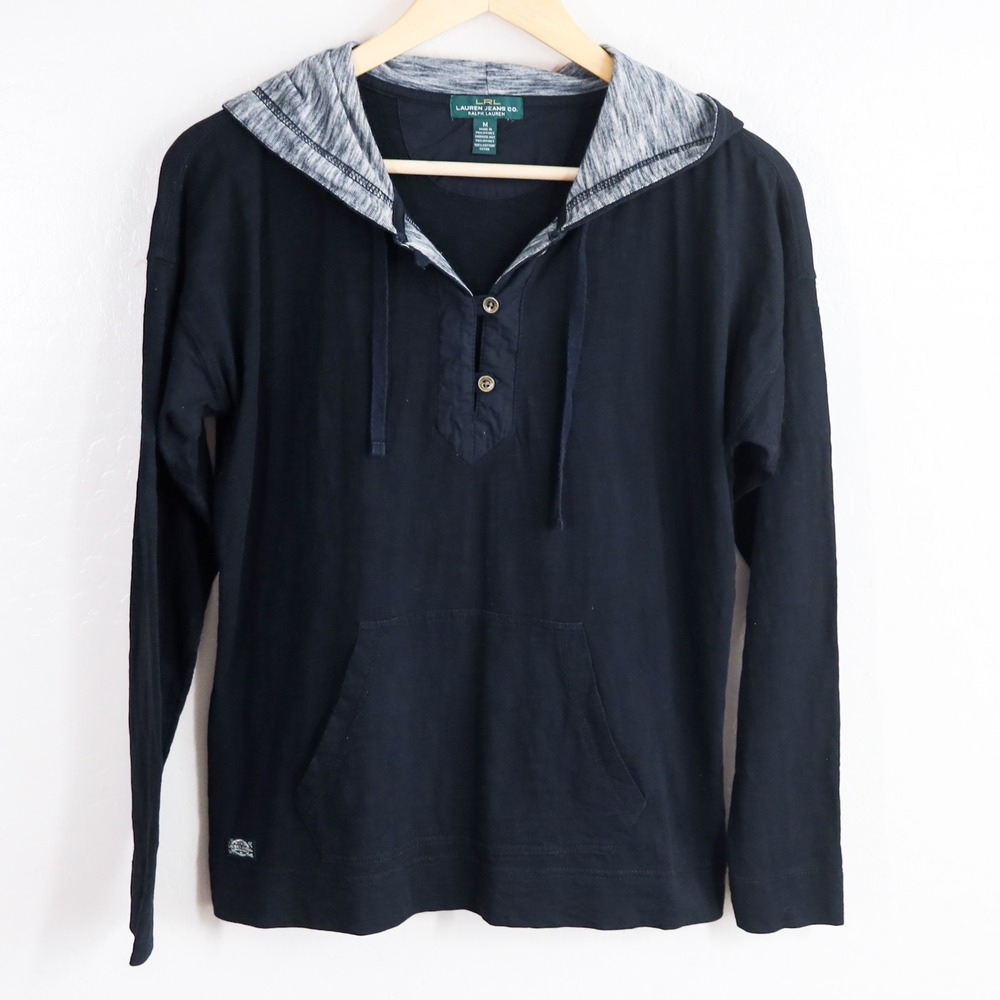 LRL Ralph Lauren Jeans Co Black Long Sleeve Henley Hoodie Size M Y2K Activewear